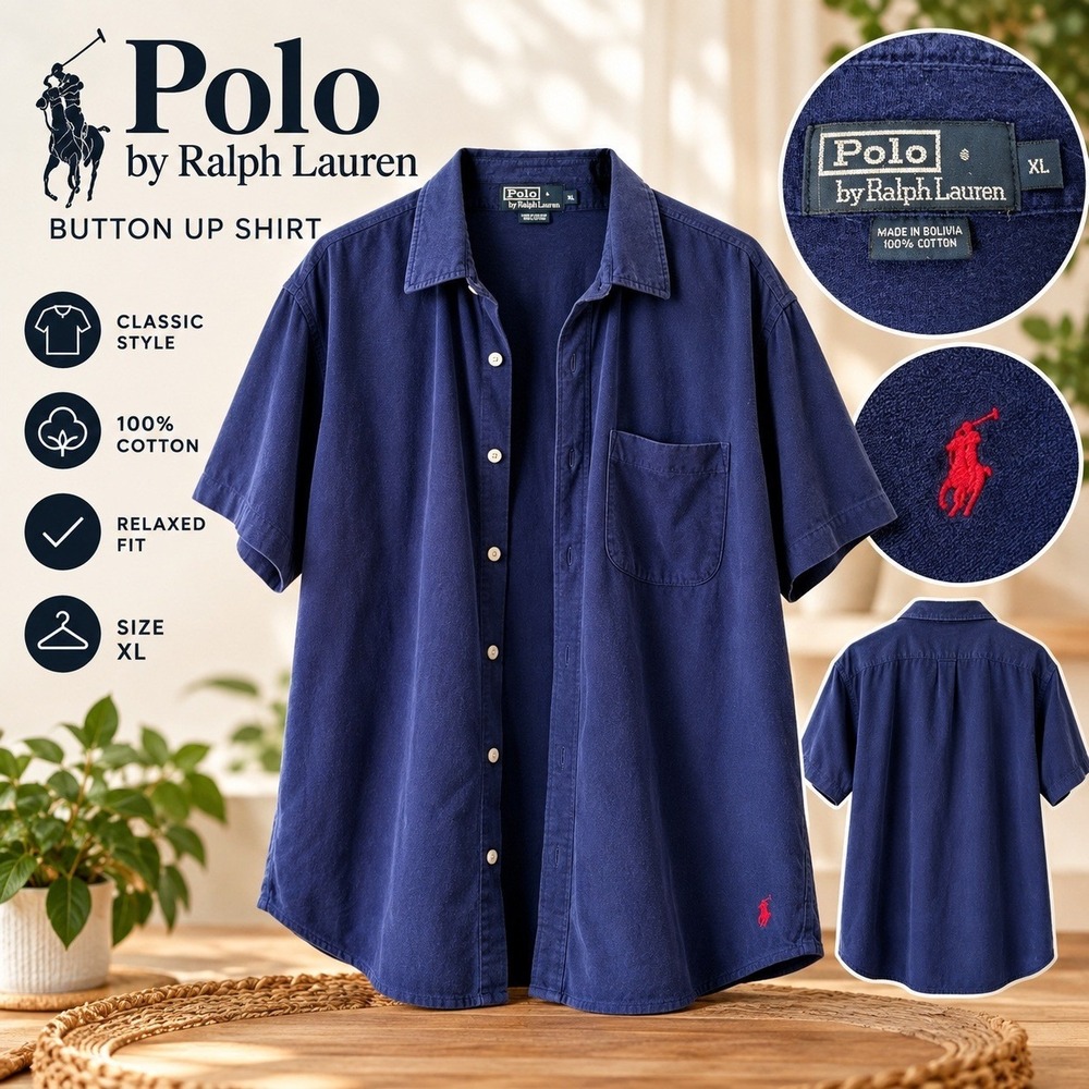 Polo Ralph Lauren Men's XL Navy Short Sleeve Button Up Shirt Red Pony Logo